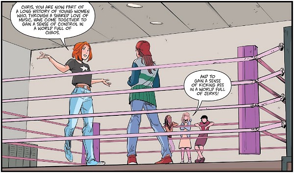 A panel from Heavy Vinyl, showing two women talking in a boxing ring