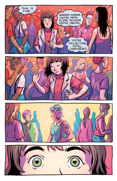 A page from Sugar Town, showing Hazel seeing Argent across the room, hearts in her eyes