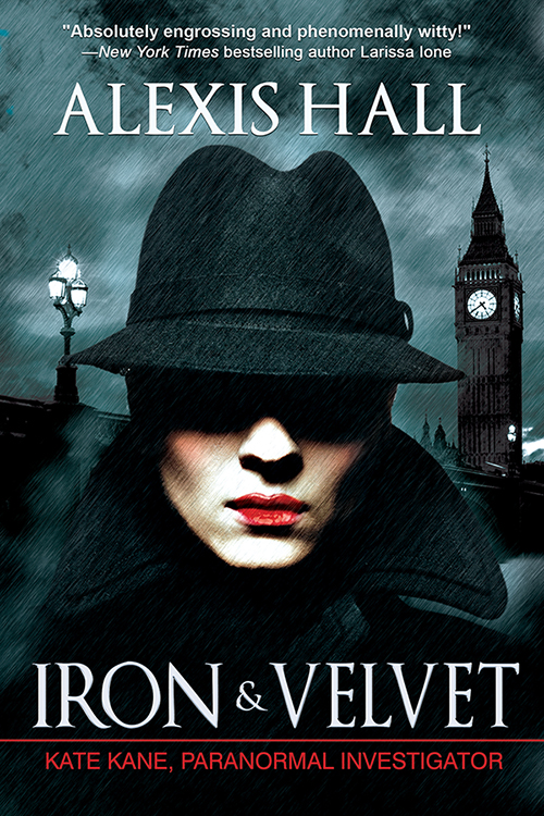 Cover of Iron & Velvet by Alexis Hall, showing a close-up of a woman's face with Big Ben in the background. She is pale, wearing red lipstick, and has a hat casting a shadow over her eyes.