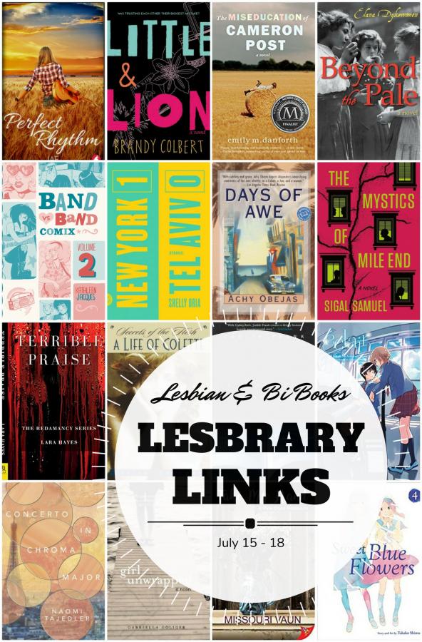 July Links collage of book covers with the text "Lesbrary Links: Lesbian and Bi Books, July 5 - 18"