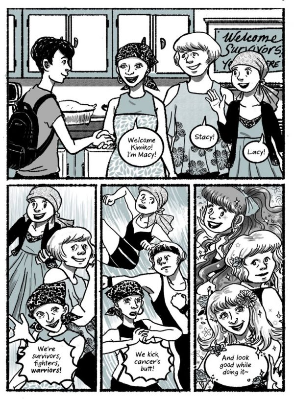 A page from Kimiko Does Cancer showing Kimiko meeting three women in a cancer support group. They introduce themselves and then transform magic girl style into feminine fighters. "I'm Macy, Stacy, Lacy! We're survivors, fighters, warriors! We kick cancer's butt! And look good while doing it~"
