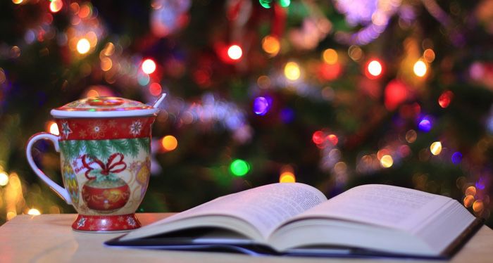 Photo of a book and holiday mug with a Christmas tree in the background