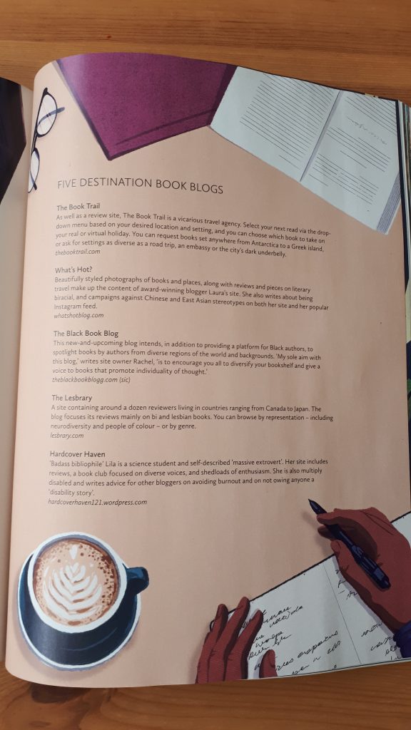 A page from Breathe Magazine listing 5 destination book blogs