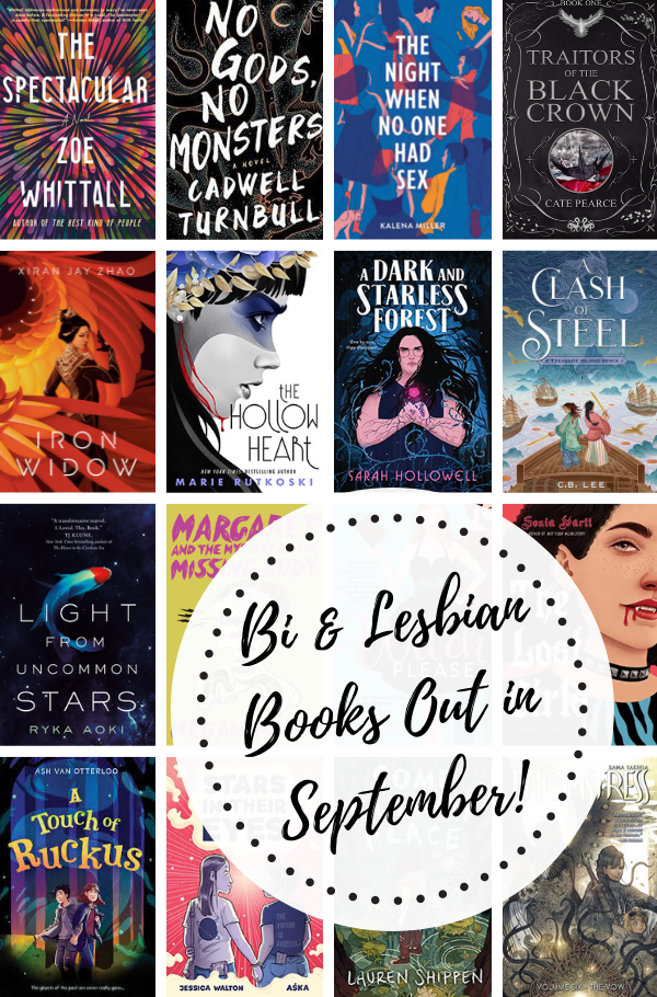 A collage of the covers of the books listed below with the text Bi and Lesbian Books Out in September!