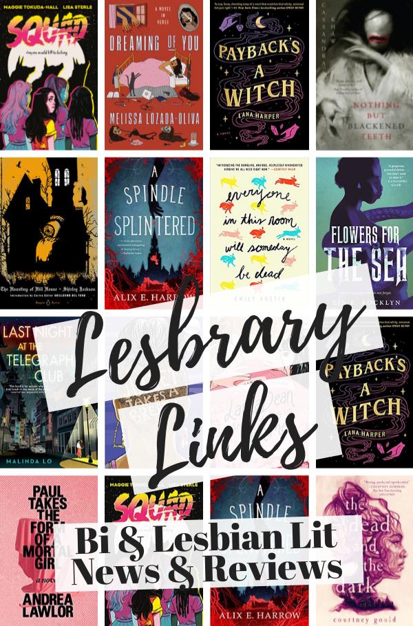 Collage of covers listed at the links with the text Lesbrary Links: Bi & Lesbian Lit News and Reviews