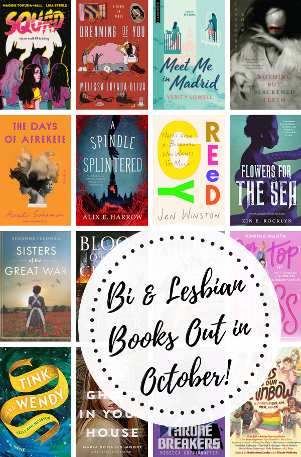 Collage of covers listed below and the text "Bi and Lesbian Books Out in October!"