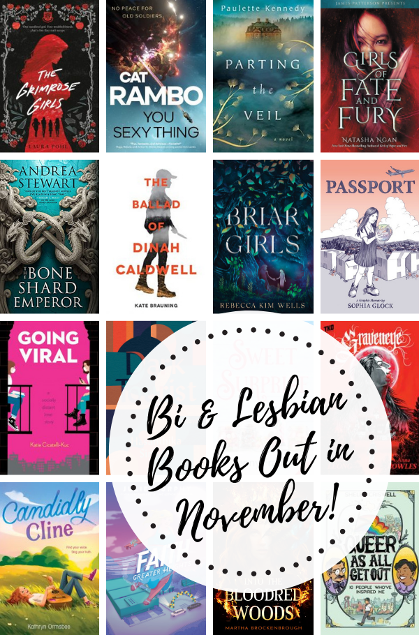 a collage of the covers listed below with the text "Bi & Lesbian Books Out in 
November!"