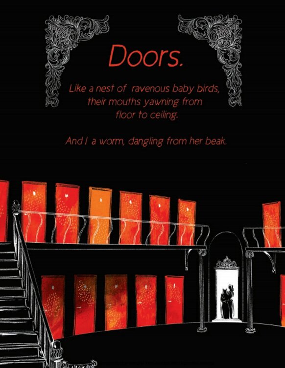 a page from When I Arrived at the Castle, showing two figures in the doorway of a room filled with two stories of red doors. The text reads: "Doors. Like a nest of ravenous baby birds, their mouths yawning from floor to ceiling. And I a worm, dangling from her beak."