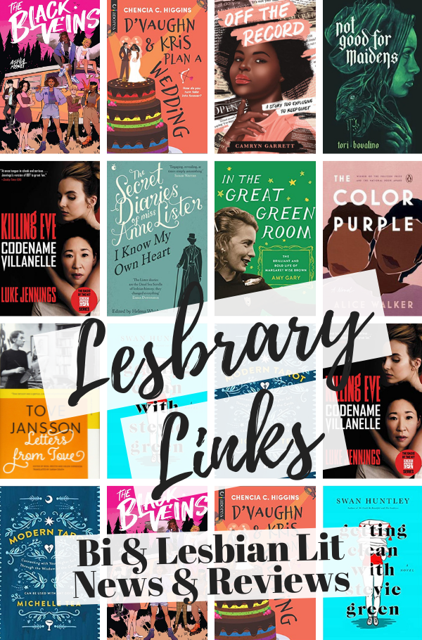 a collage of the covers listed below with the text Lesbrary LInks: Bi & Lesbian Lit News & Reviews
