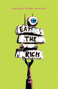 the cover of Eat the Rich, showing a skewer with meat, an eyeball, and a finger on it