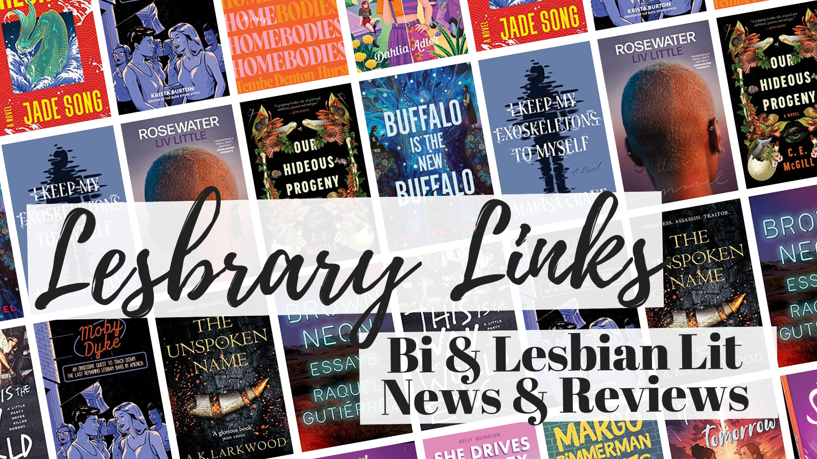 a collage of the covers listed with the text Lesbrary Links: Bi & Lesbian Lit News and Reviews