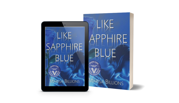 the cover of Like Sapphic Blue, on a book and on an ereader