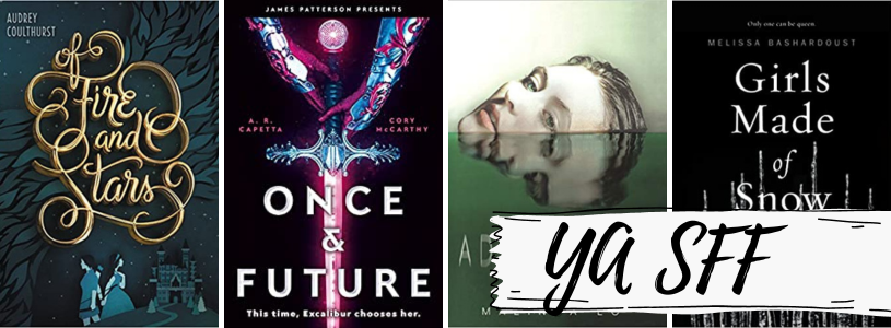 a collage of the covers listed with the text YA SFF
