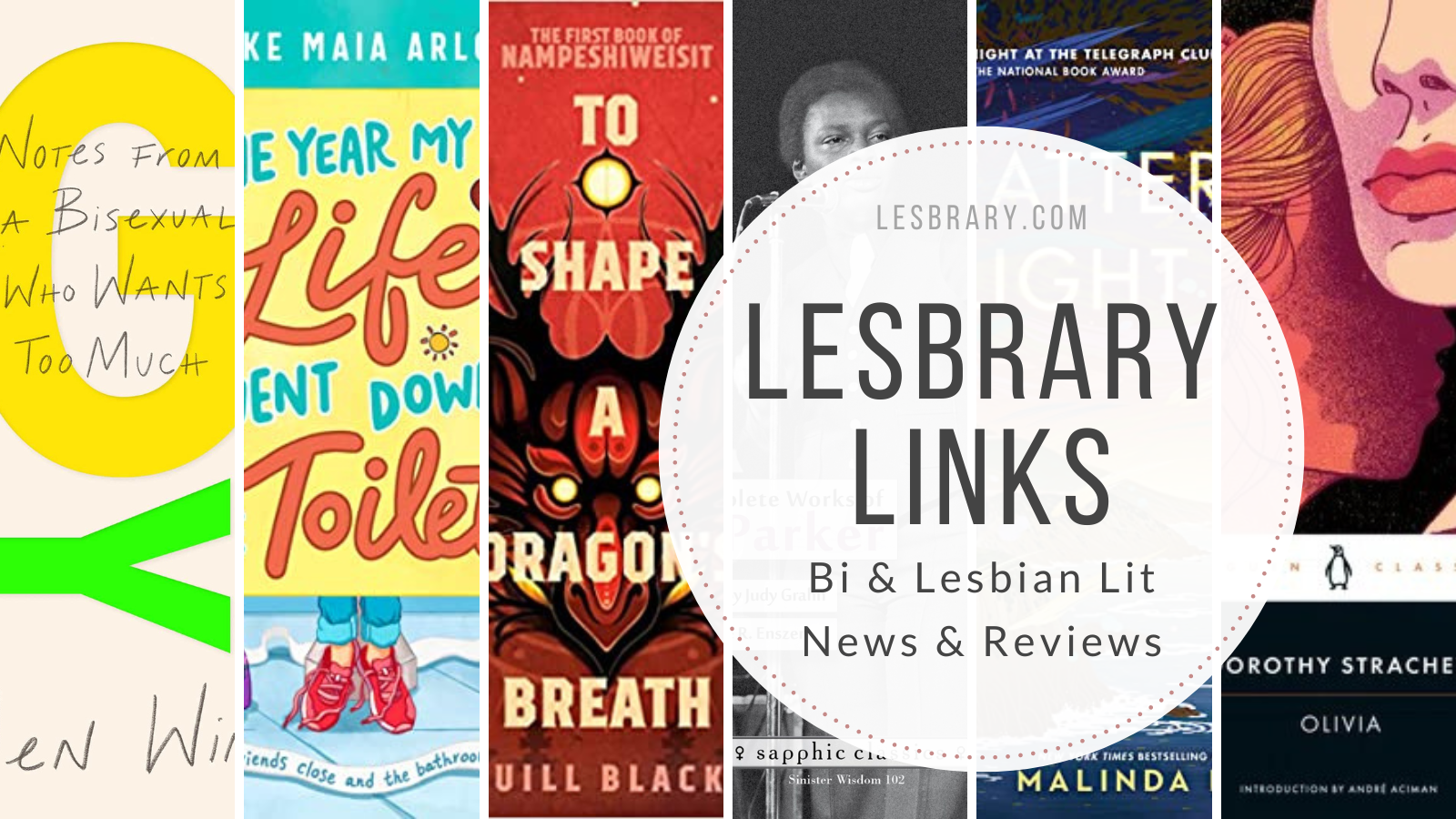 a collage of covers with the text Lesbrary Links: Bi & Lesbian Lit News & Reviews